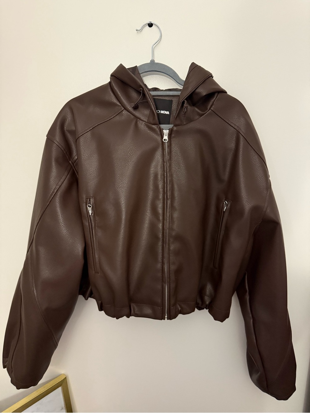 Fashion Nova Dark Brown Faux Leather Hooded Zip Jacket